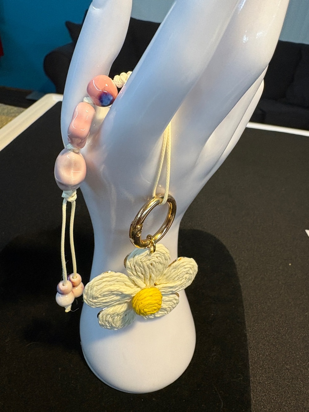 Handcrafted Cream and Yellow Flower Keychain